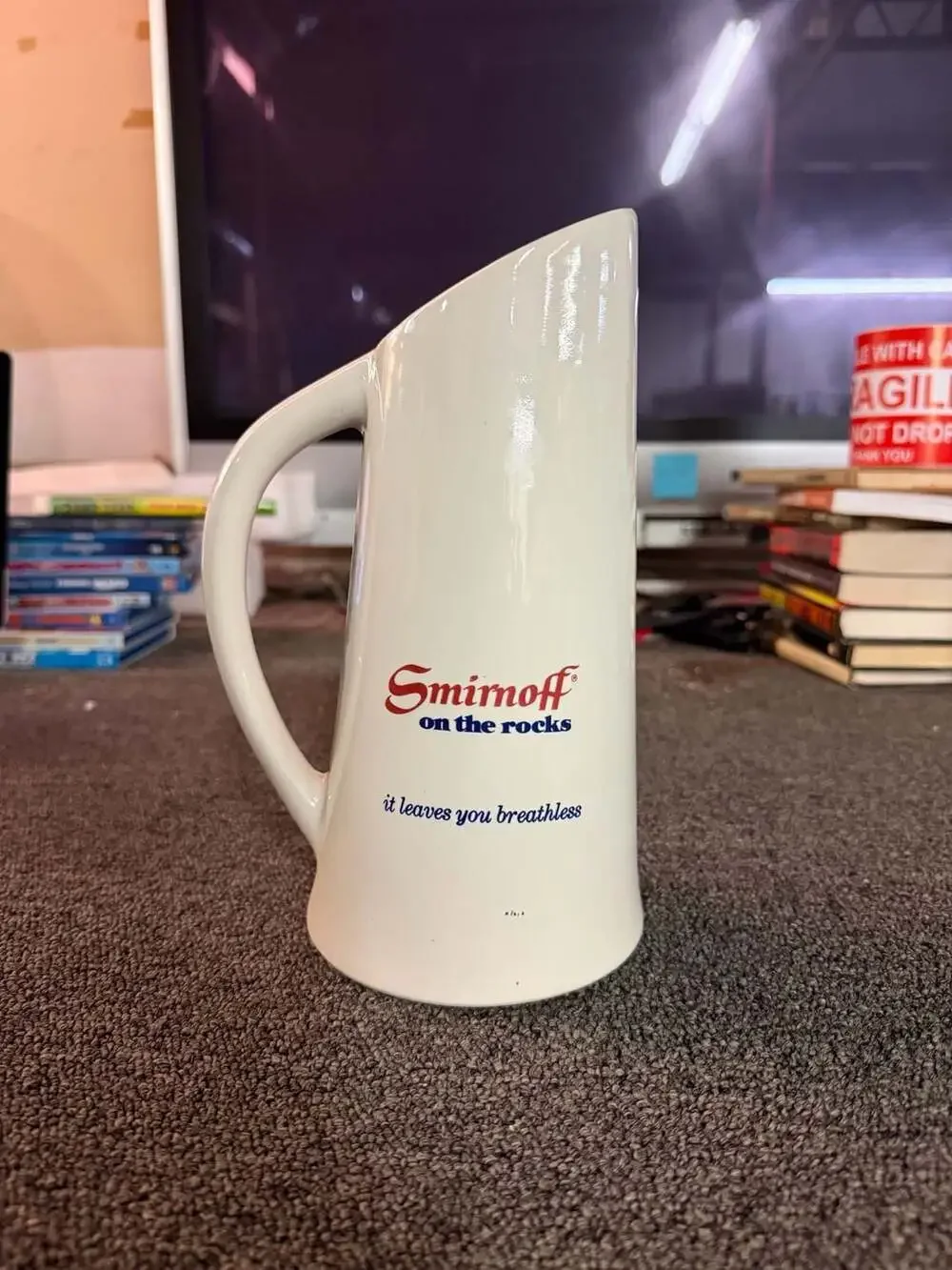Vintage Smirnoff On The Rocks It Leaves You Breathless White Ceramic Bar Pitcher